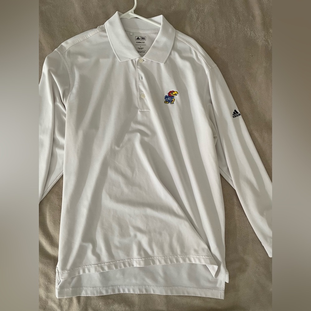 Kansas Jayhawks white polo over long sleeve shirt made by Adidas